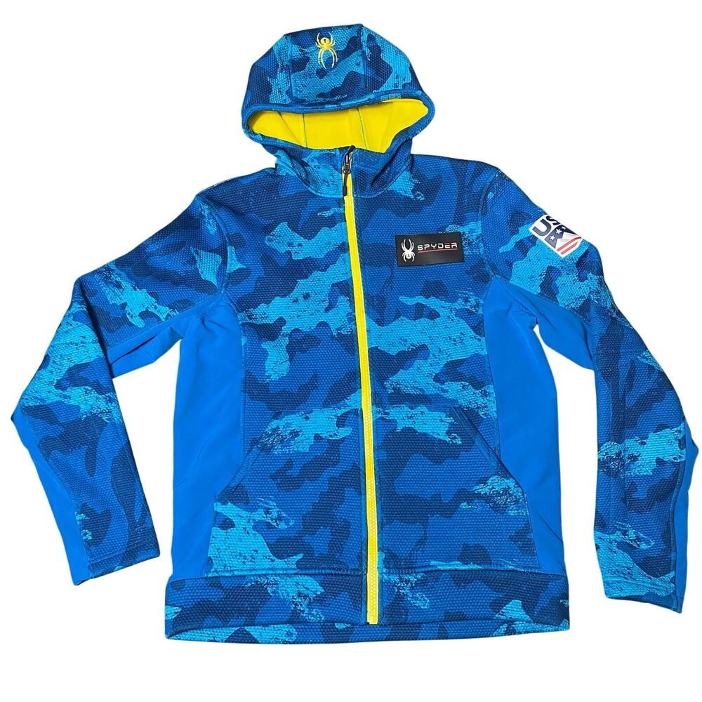 US Ski Team Spyder Slalom Blue Camo Neon Yellow Fleece Lined-Full Zip Hooded -M